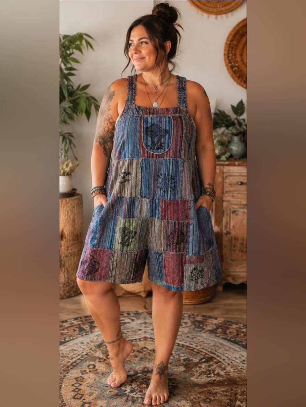 ANANTA Patchwork Cotton Shortalls Romper – Size L/XL – Made in India – Boho Fest